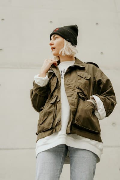 Relaxed olive layers with a black beanie and light denim